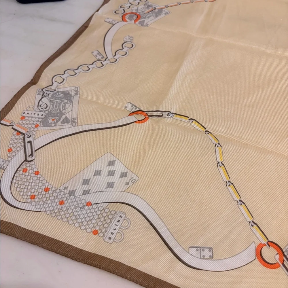 Celine Beige and Orange Silk Scarf with Chain Cards Motif